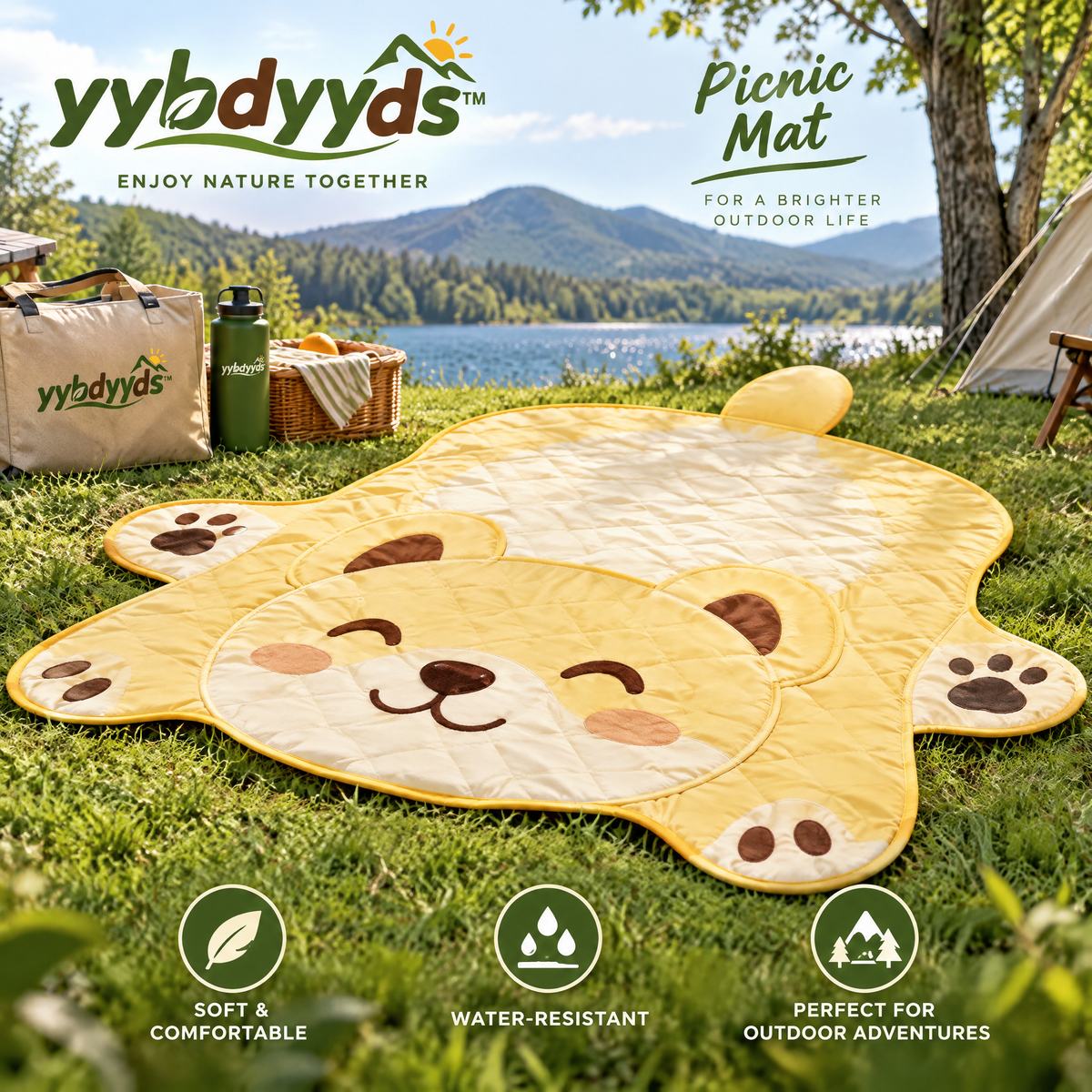 yybdyyds™ Yellow Bear-Shaped Picnic Mat — outdoor setting