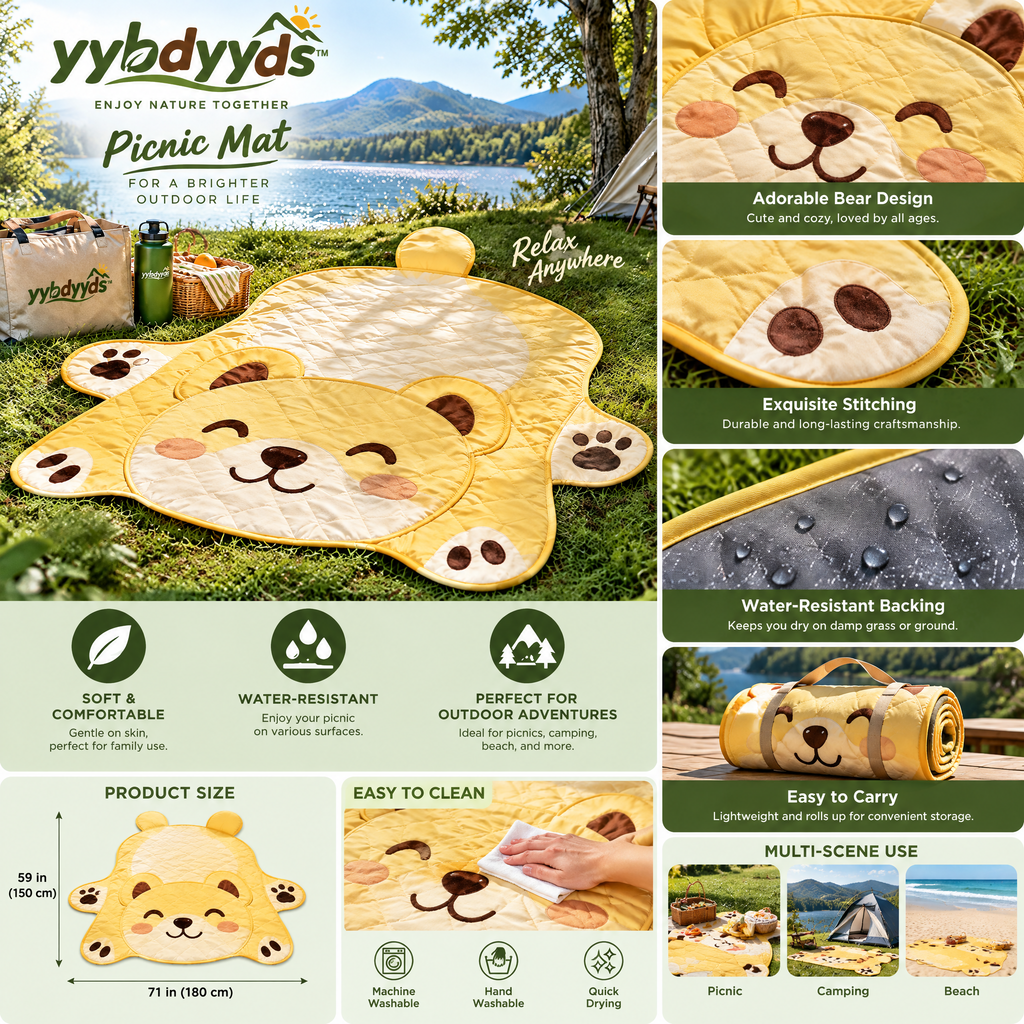 yybdyyds™ Yellow Bear-Shaped Picnic Mat — features and portability