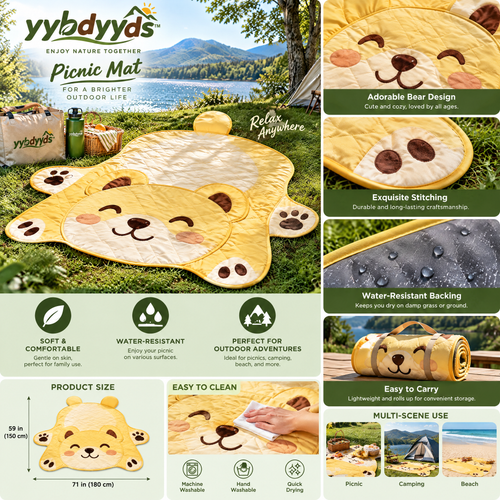 yybdyyds™ Yellow Bear-Shaped Picnic Mat — features and portability