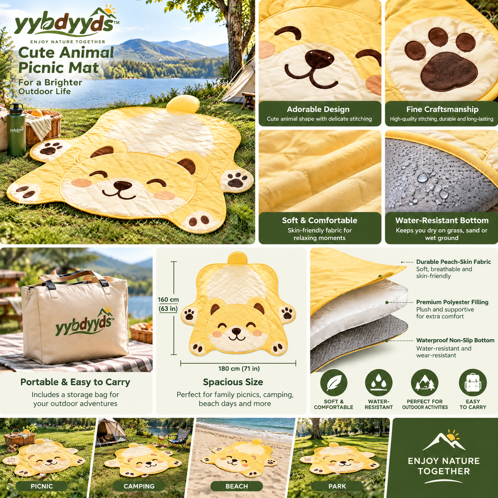 yybdyyds™ Yellow Bear-Shaped Picnic Mat — design and construction details