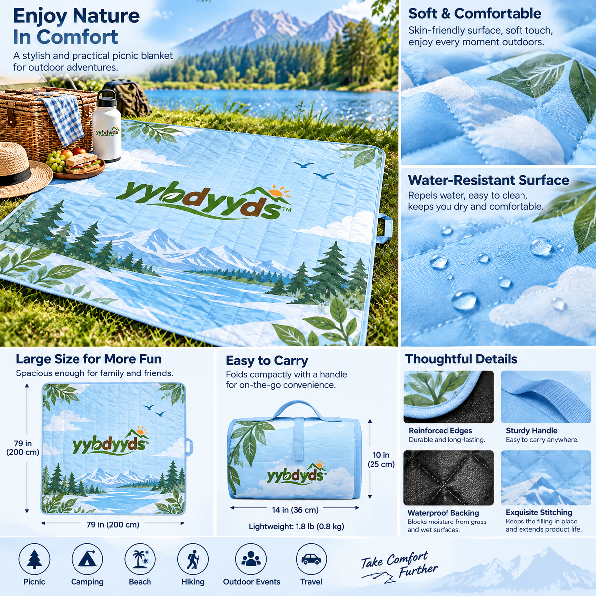 yybdyyds™ Blue Alpine Landscape Picnic Mat — features and portability