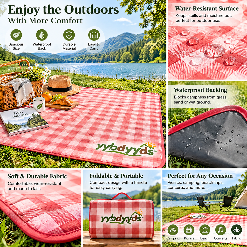 yybdyyds™ Classic Red Gingham Picnic Mat — features and portability