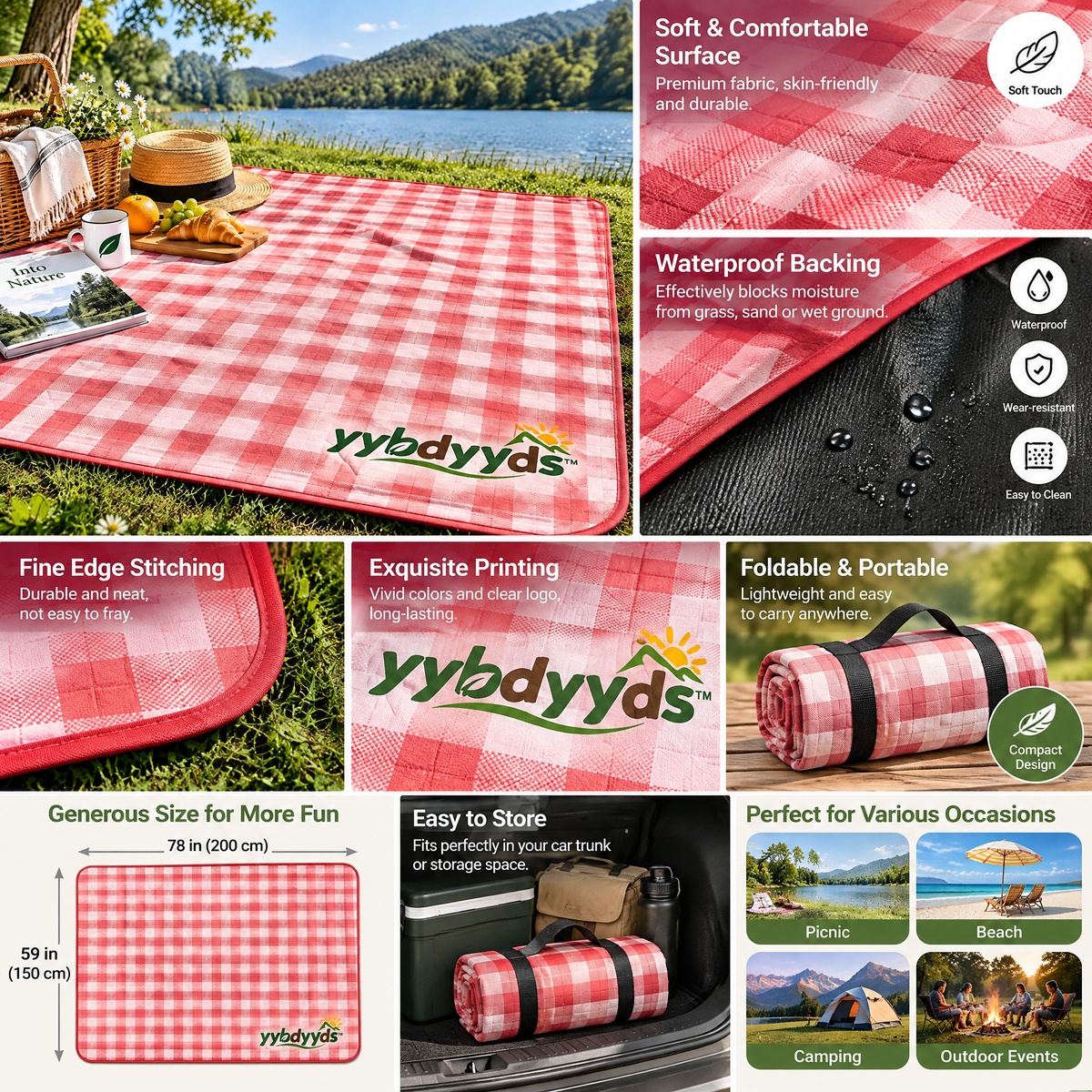 yybdyyds™ Classic Red Gingham Picnic Mat — design and construction details